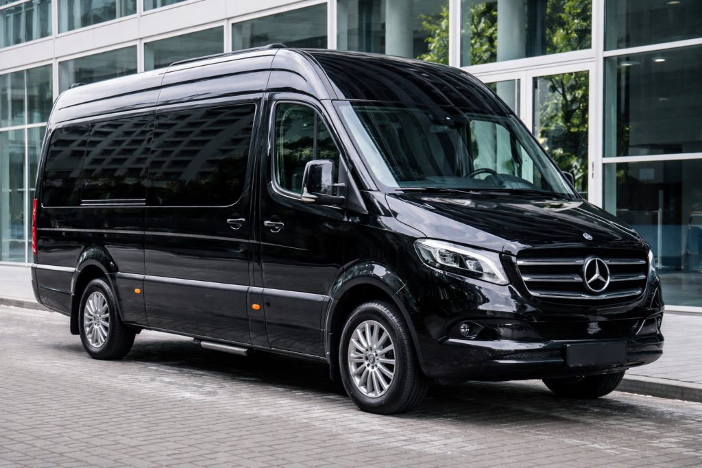 Alquiler de Mercedes Sprinter en París con chófer profesional recogiendo a un viajero de negocios frente a un hotel de lujo.