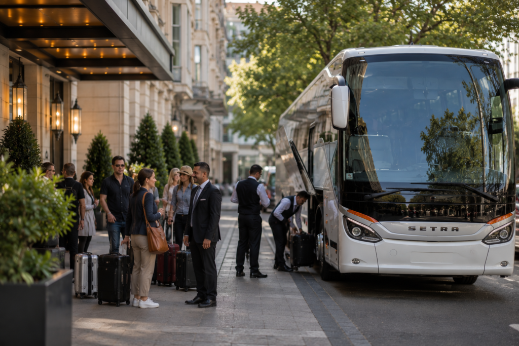 Europe tour coach rental – Coach transporting a travel group between European cities